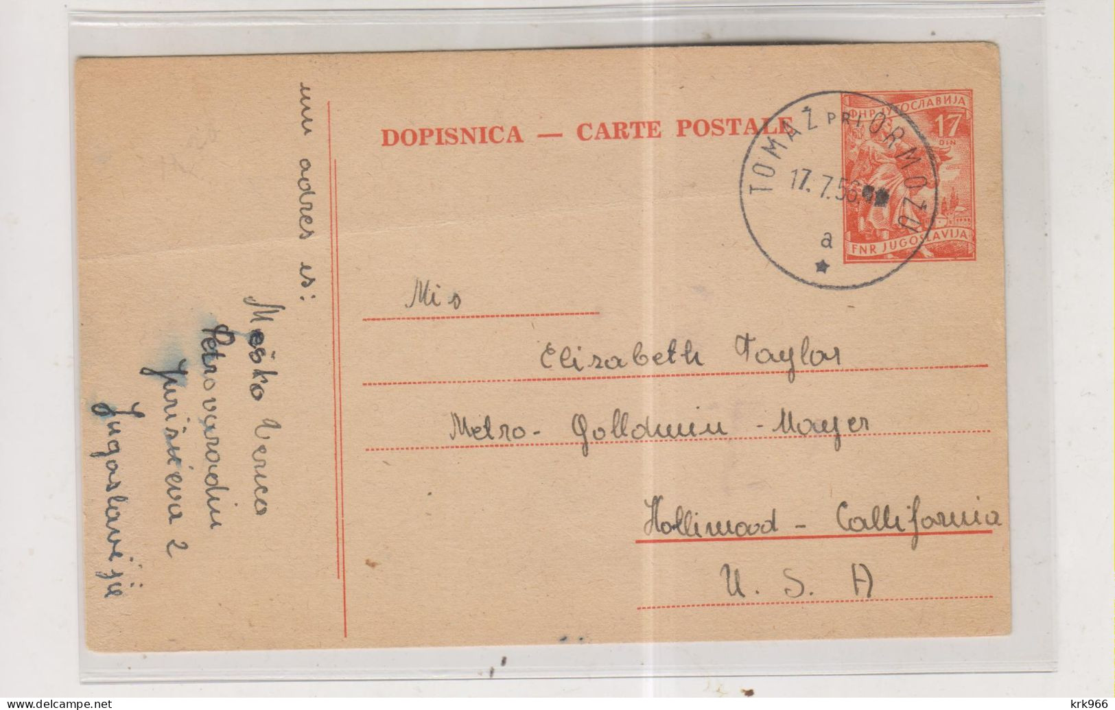 YUGOSLAVIA, SLOVENIA TOMAZ Pri ORMOZU Postal Stationery To United States - Lettres & Documents