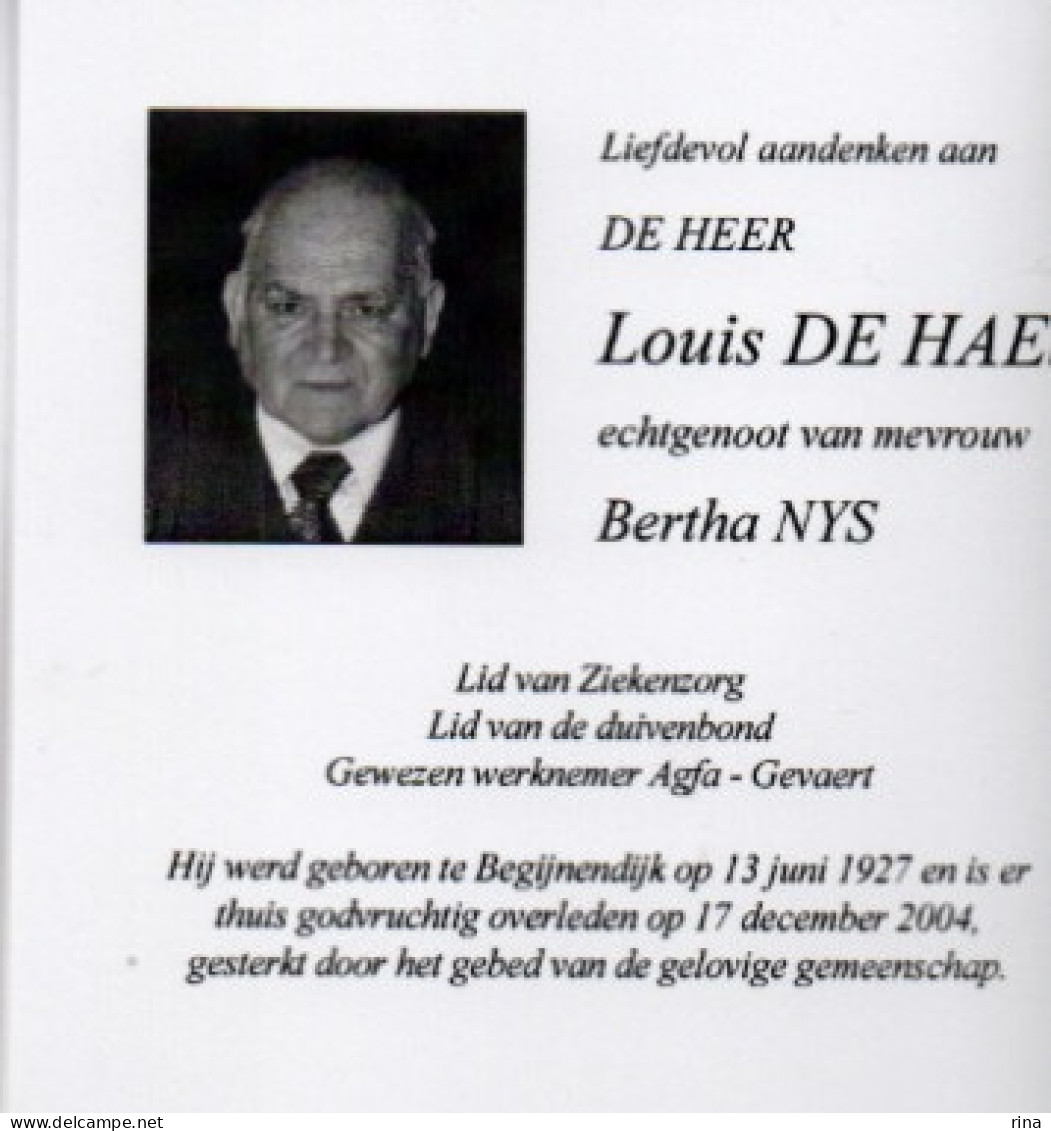 Louis De Haes  Geb Te  Begijnendijk  Op 13 Juni 1927 Overl  Op 17 Dec 2004 - Other & Unclassified