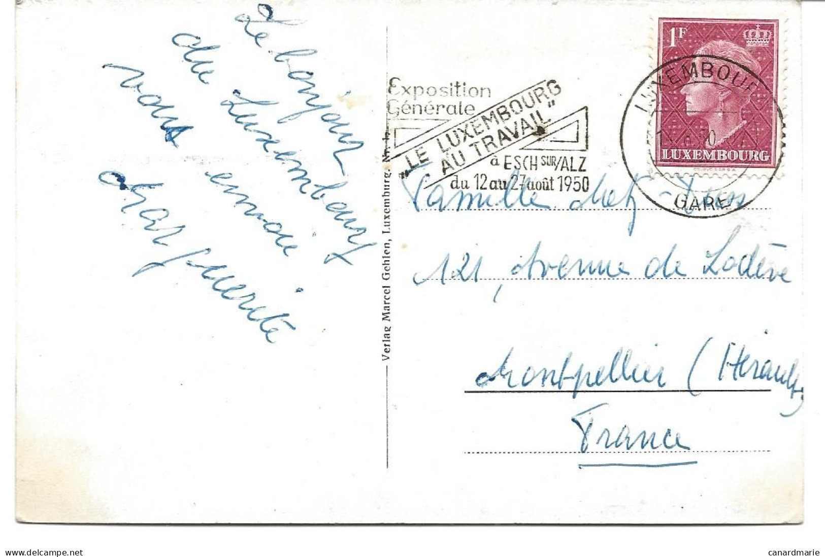 CARTE POSTALE 1950 AVEC CACHET EXPOSITION GENERALE LE LUXEMBOURG AU TRAVAIL - Briefe U. Dokumente