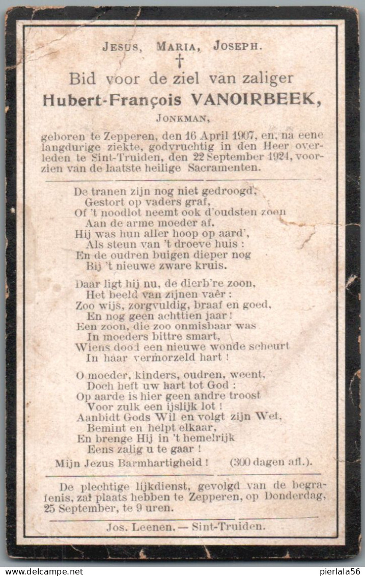 Bidprentje Zepperen - Vanoirbeek Hubert François (1907-1924) Plooi - Devotion Images