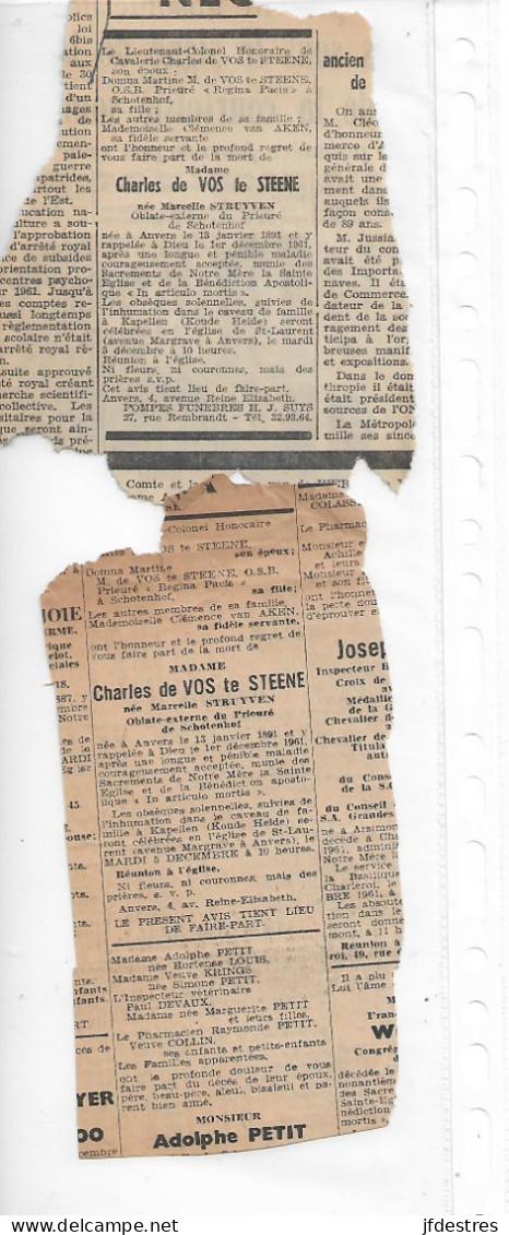 FP Nécrologies Marcelle Struyven épse Charles De Vos Te Steene Anvers 1961 - Todesanzeige