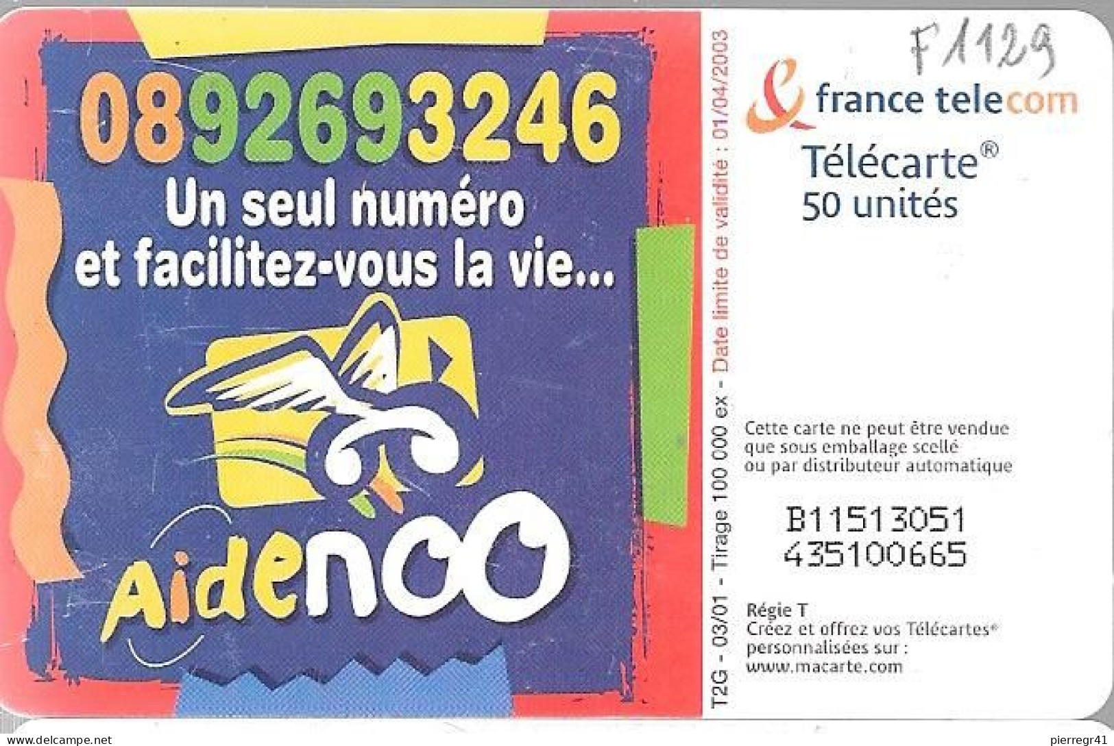 CARTE-PUBLIC-F1129-50U-GEM2-03/01-AIDENCO-UTILISE-TBE- - 2001