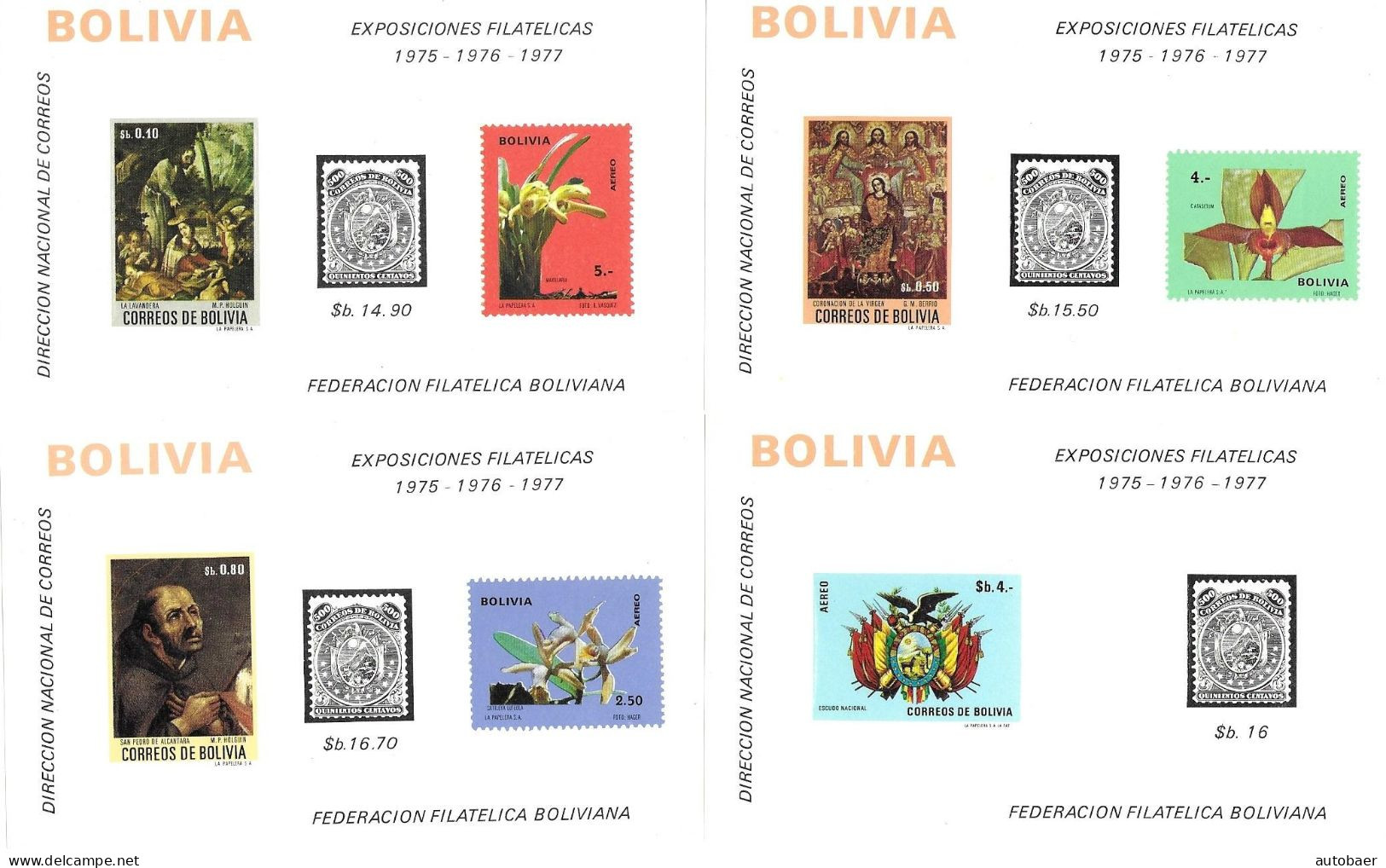 Bolivia Bolivie Bolivien 1974 Expociones Filatelicas Expositions Michel No. Bl. 40-43 MNH Mint Postfrisch Neuf ** - Bolivien