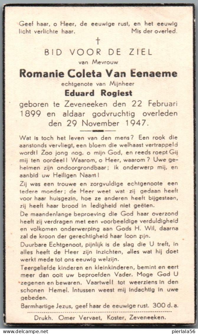 Bidprentje Zeveneken - Van Eenaeme Romanie Coleta (1899-1947) - Devotion Images