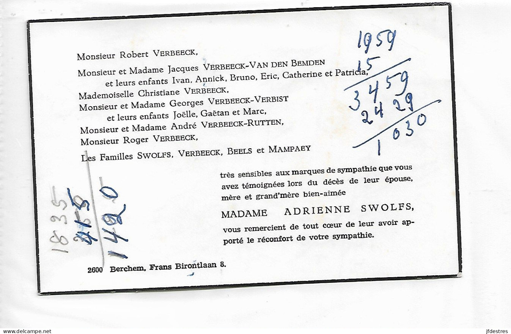FP Carte Remerciements Décès Adrienne Swolfs épse Robert Verbeeck Berchem Anvers 1970 - Todesanzeige