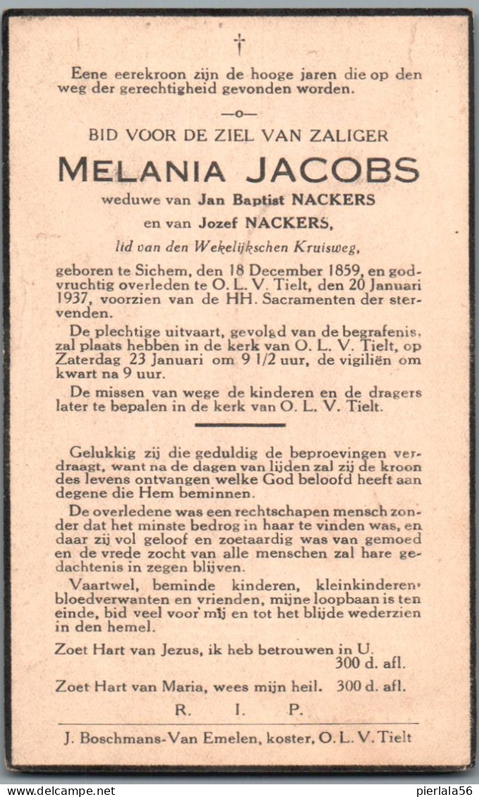 Bidprentje Zichem - Jacobs Melania (1859-1937) - Images Religieuses