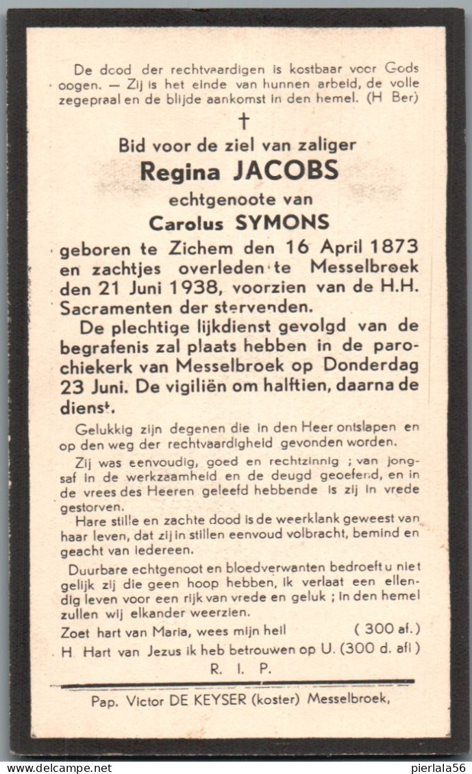 Bidprentje Zichem - Jacobs Regina (1873-1938) - Images Religieuses