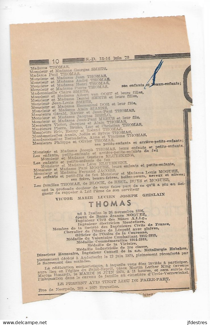 FP Nécrologie Victor Thomas épx Jeanne Moguez Anderlecht 1970 - Obituary Notices