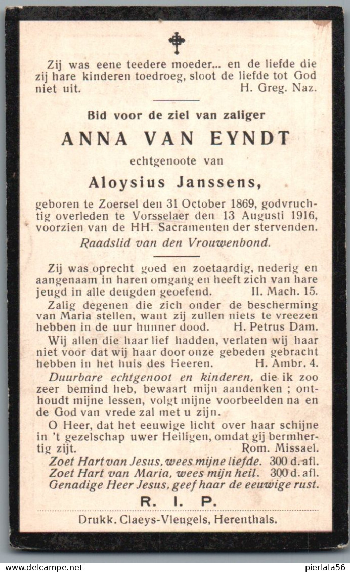 Bidprentje Zoersel - Van Eyndt Anna (1869-1916) - Devotion Images