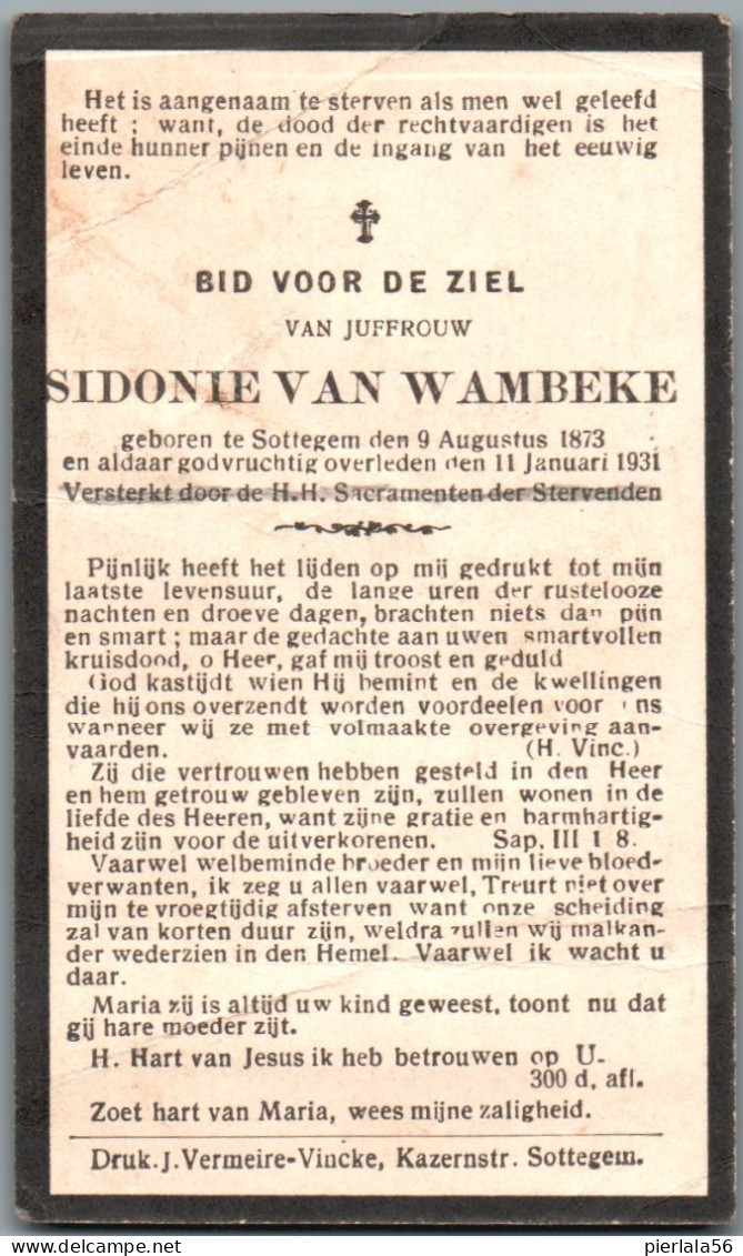 Bidprentje Zottegem - Van Wambeke Sidonie (1873-1931) Plooien - Devotion Images