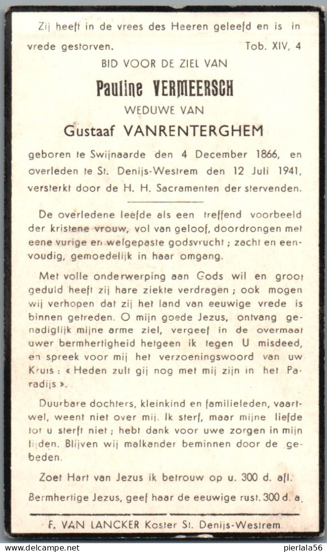 Bidprentje Zwijnaarde - Vermeersch Pauline (1866-1941) - Devotion Images