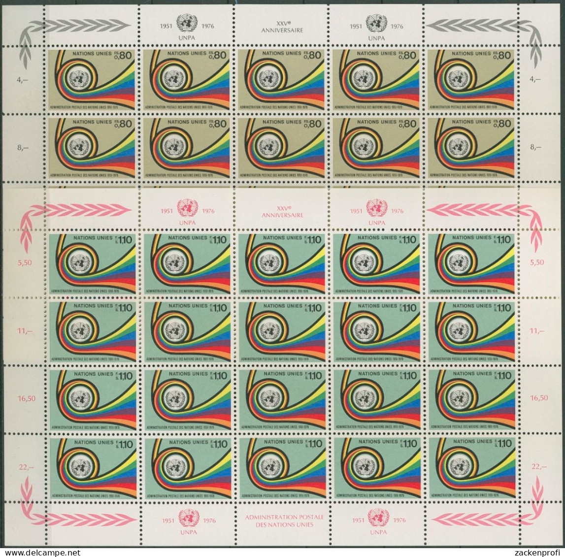 UNO Genf 1976 25 Jahre Postverwaltung UNPA Bogensatz 60/61 Postfrisch (C14232) - Blocs-feuillets