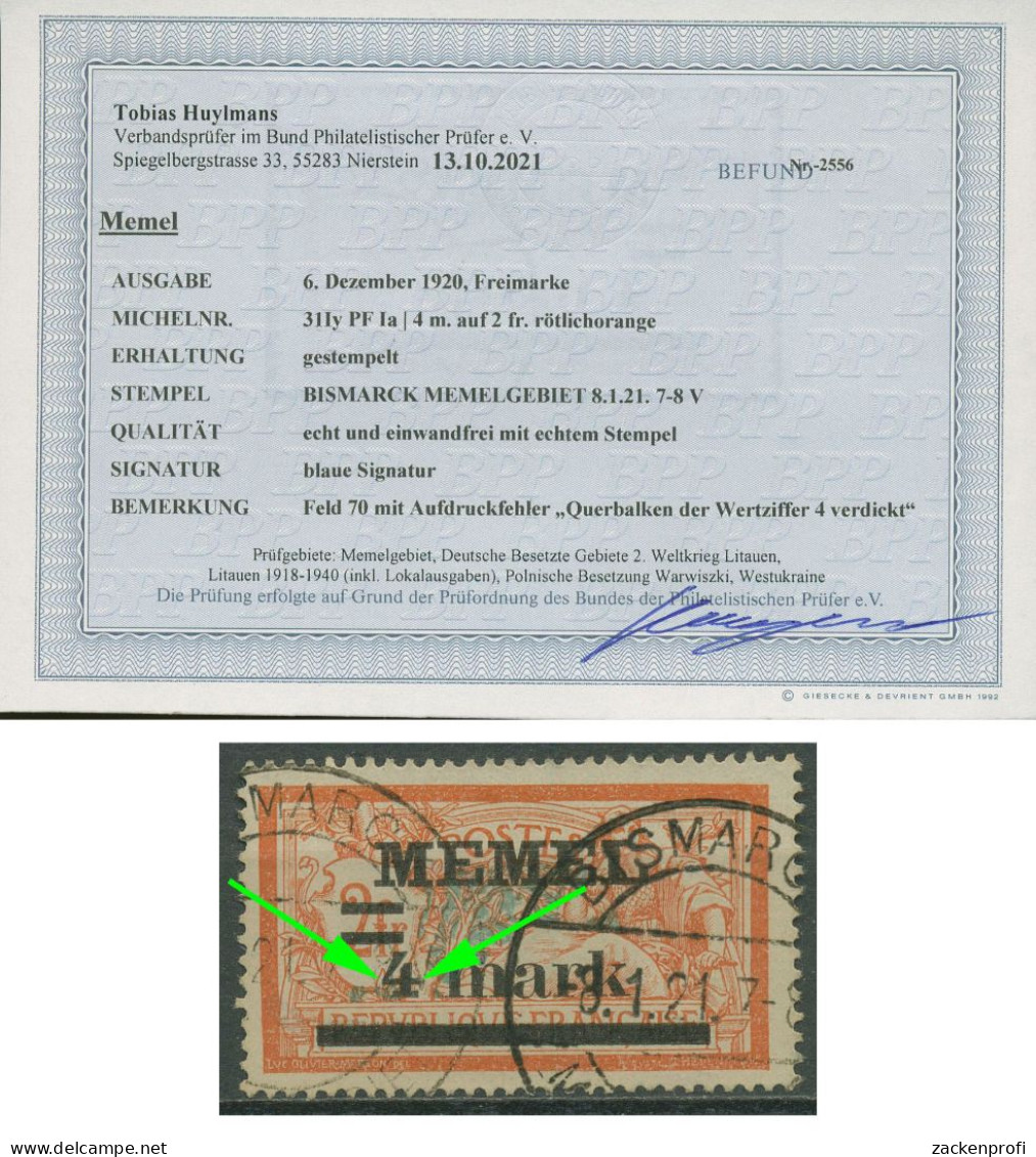 Memelgebiet 1920 Mit Aufdruckfehler 31 I Y PF Ia Gestempelt Geprüft Mit Befund - Klaipeda 1923