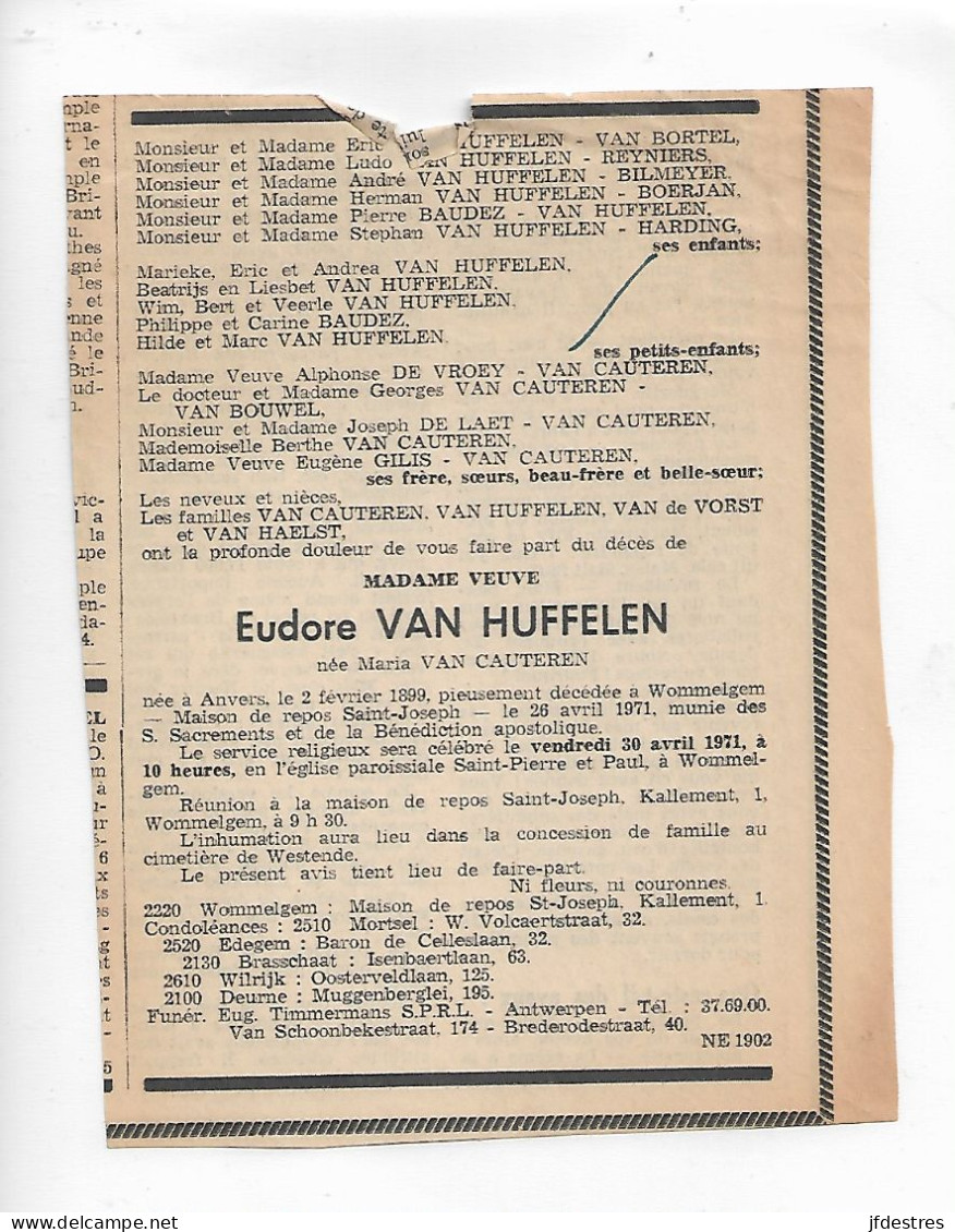 FP Nécrologie Maria Van Cauteren Vve Eudore Van Huffelen Wommelgem 1971 - Todesanzeige