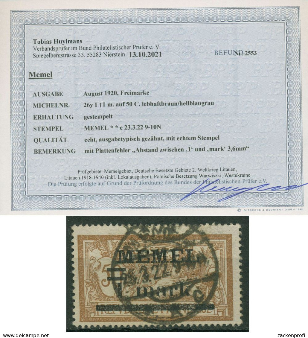 Memelgebiet 1920 Mit Aufdruckfehler 26 Y I Gestempelt Geprüft Mit Befund - Memel (Klaïpeda) 1923