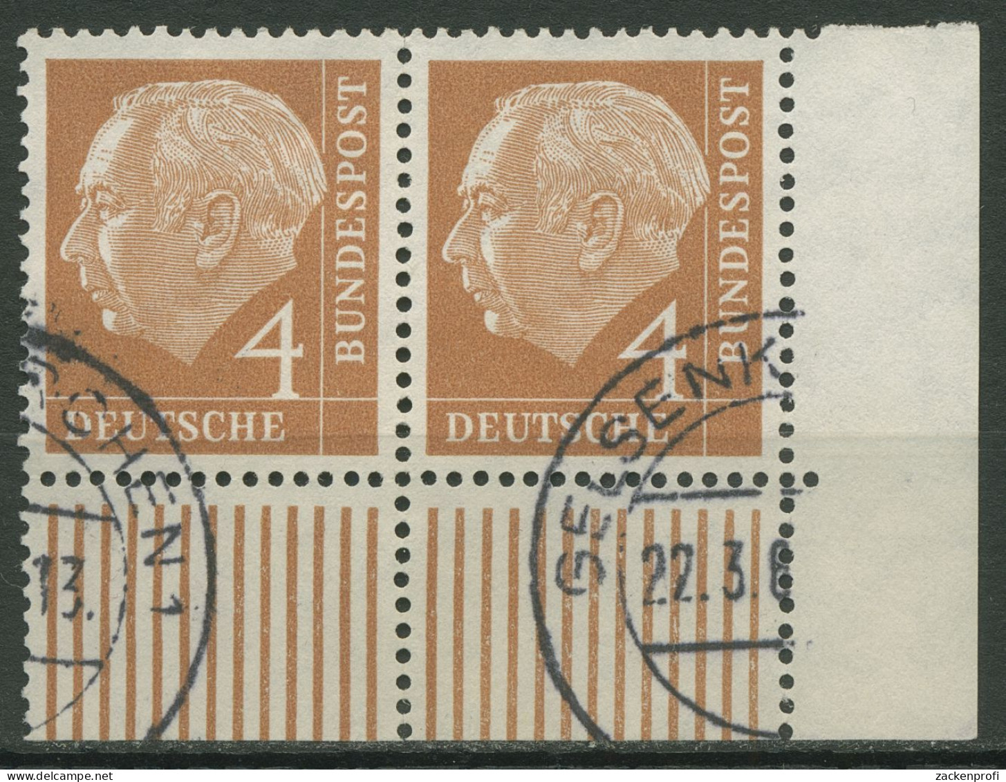 Bund 1954 Th. Heuss I Bogenmarken 178 W UR Waag. Paar Ecke 4 Gestempelt - Used Stamps