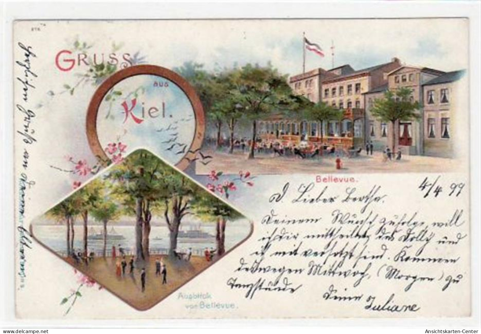 39069808 - Kiel, Lithographie Mit Hotel Bellevue Gelaufen, 1899. Gute Erhaltung. - Kiel