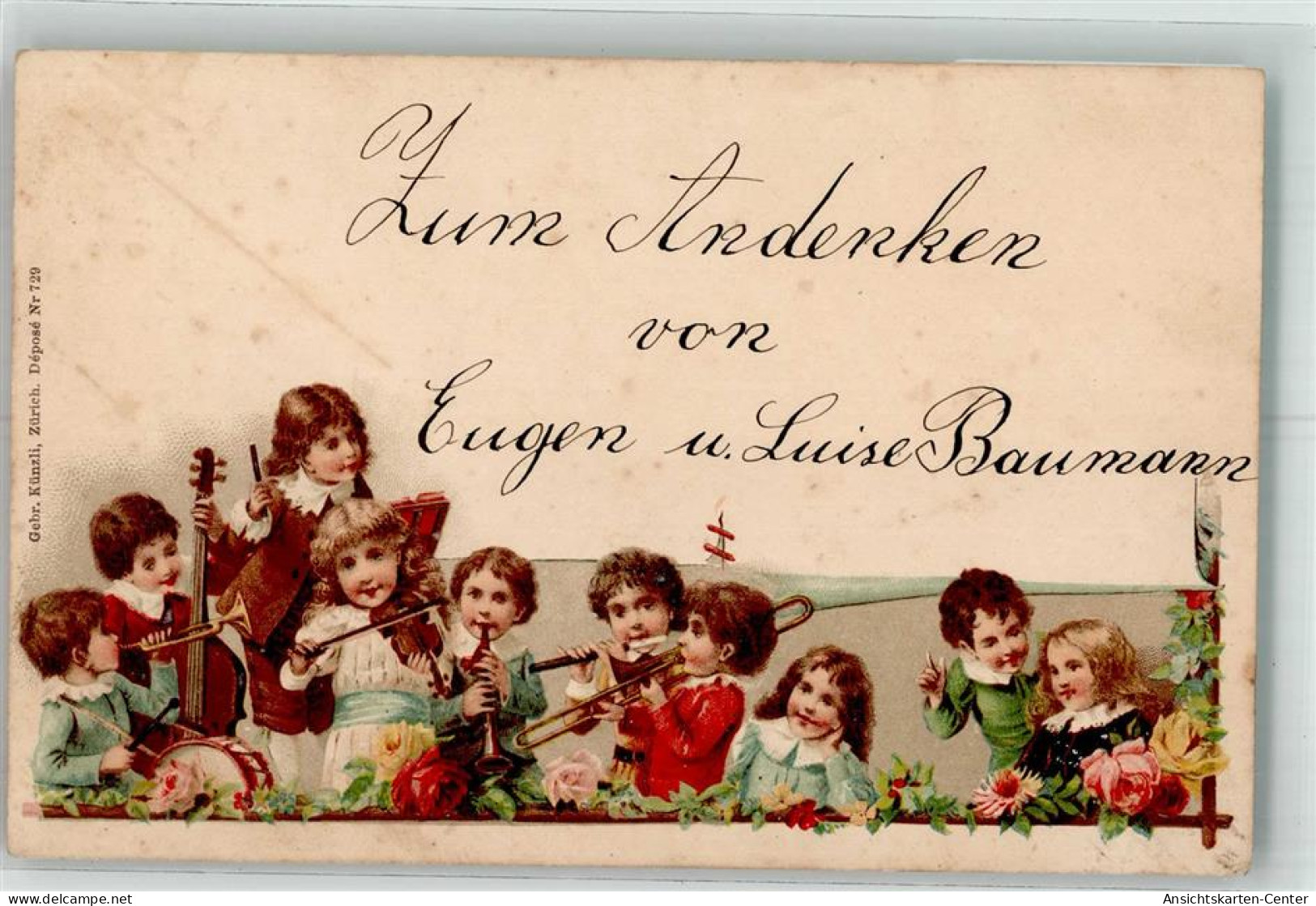 39743408 - Nr. 729 Kinder Musizieren Geige  Trommel Floete Rosengirlande  Lithographie - Autres & Non Classés