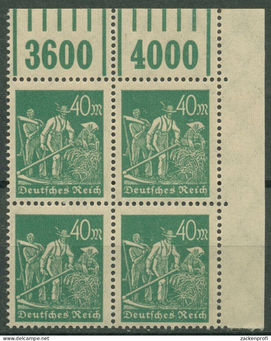 Dt. Reich 1923 Arbeiter Walze Oberrand 244 A W OR 1'5'1 4er-Block Ecke 2 Postfr. - Unused Stamps