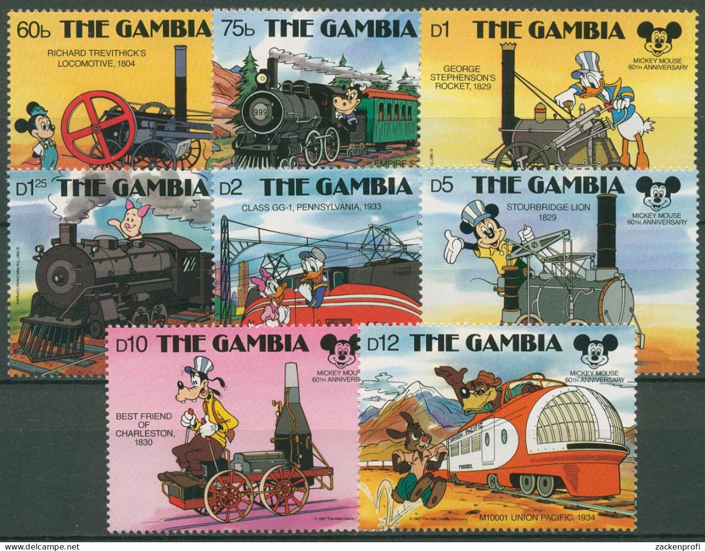 Gambia 1987 60 Jahre Micky Maus Eisenbahn Lokomotiven 729/36 Postfrisch - Gambie (1965-...)