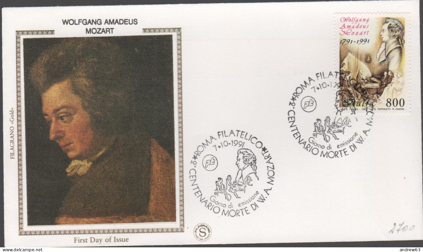 ITALIA - ITALIE - ITALY - 1991 - 2º Centenario Della Morte Di Wolfgang Amadeus Mozart - FDC Filagrano Gold - FDC