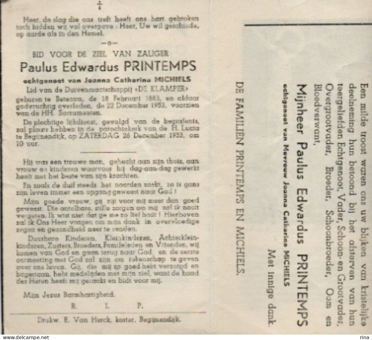 Paulus Edwardus Printemps Geb Te Betekom Op  18 Feb 1883 Overl Te 22 Dec 1953 Lijkdienst Begijnendijk Op 26 Dec 1953 - Altri & Non Classificati