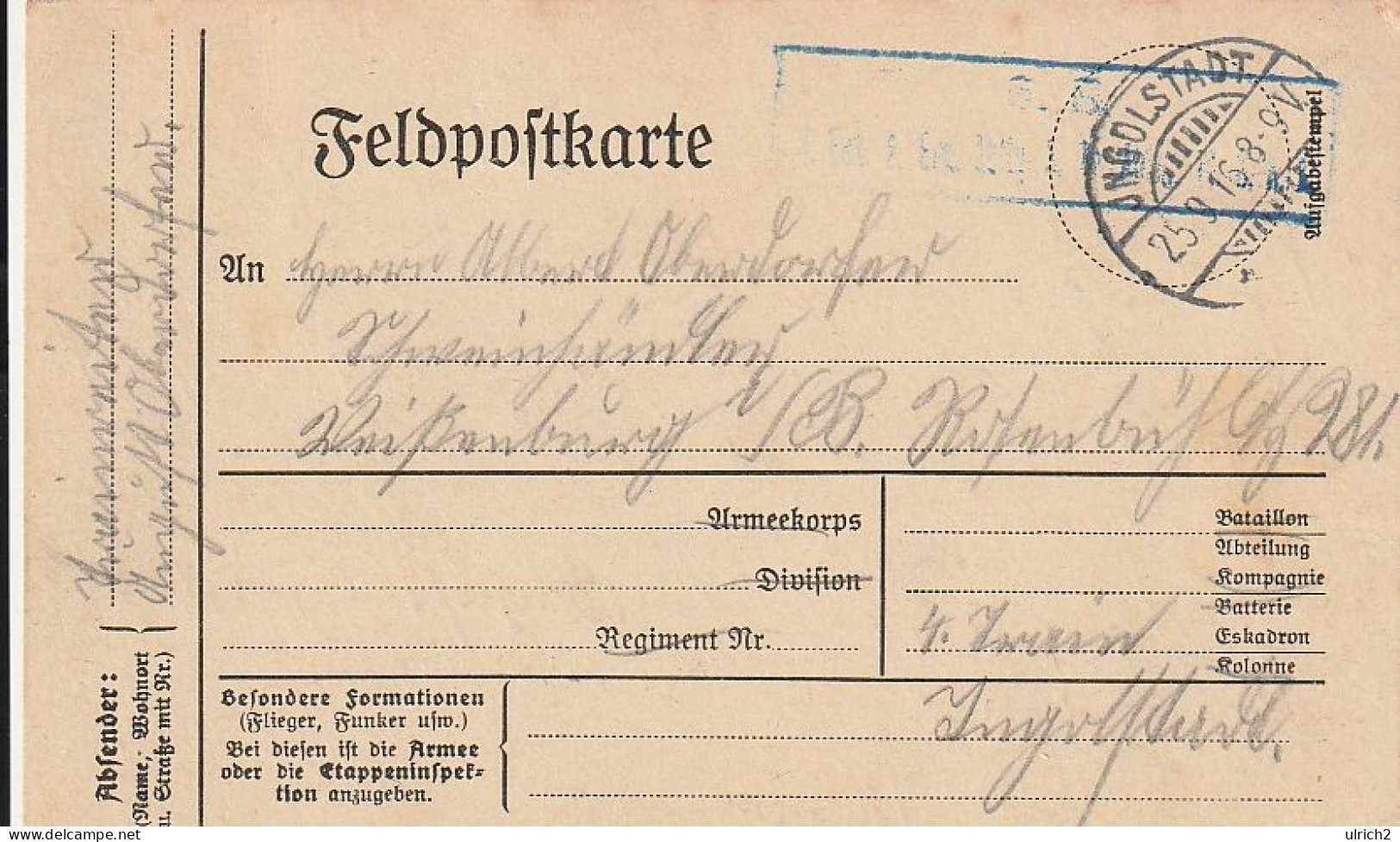 Feldpostkarte - 2. Ers. Abtlg. 3. Train Abtlg. III. B.A.K. - Ingolstadt 1916 (69394) - Cartas & Documentos