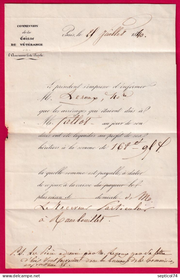 FRANCHISE EN BLEU PRESIDENT  COMMon ANCIENNE LISTE CIVILE PARIS 1840 POUR RAMBOUILLET SEINE ET OISE LETTRE - 1801-1848: Voorlopers XIX