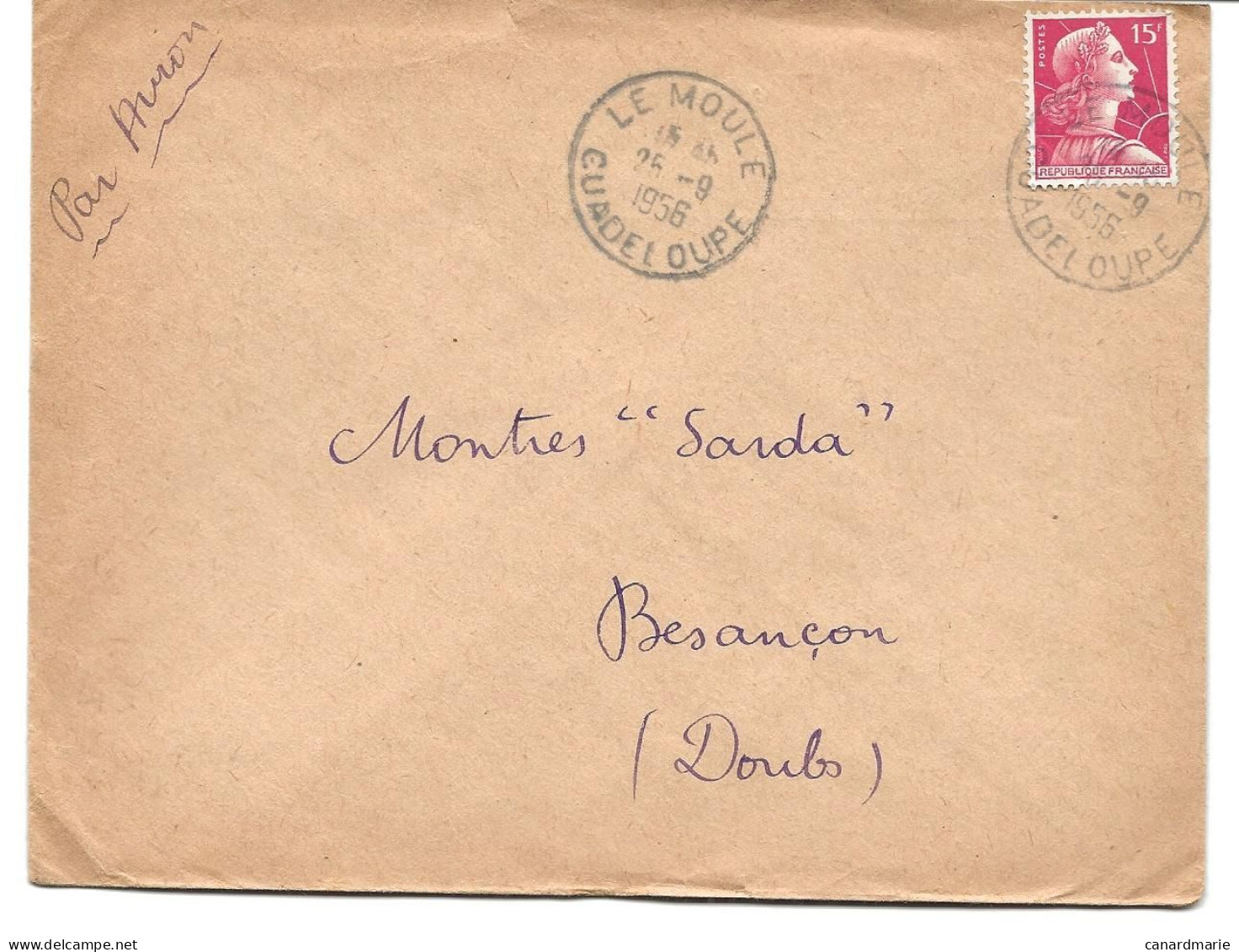 LETTRE 1956 AVEC TIMBRE MARIANNE DE GANDON ET CACHET LE MOULE GUADELOUPE - Manual Postmarks