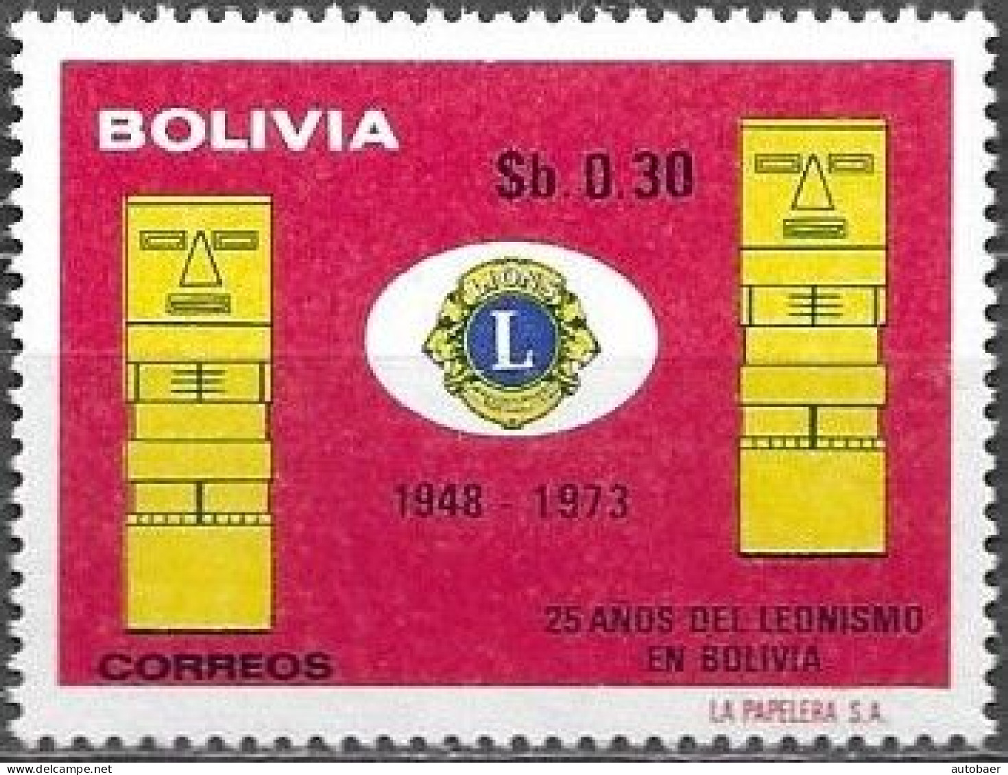 Bolivia Bolivie Bolivien 1975 25 Years Lions Club Leonismo Michel No. 872 MNH Mint Postfrisch Neuf ** - Bolivia