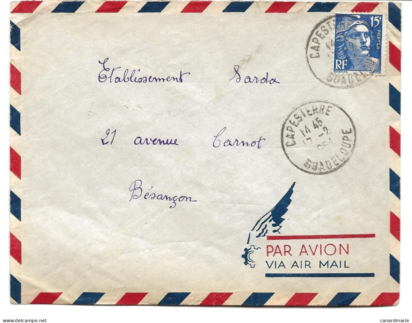 LETTRE 1954 AVEC TIMBRE MARIANNE DE GANDON ET CACHET CAPESTERRE GUADELOUPE - Cachets Manuels