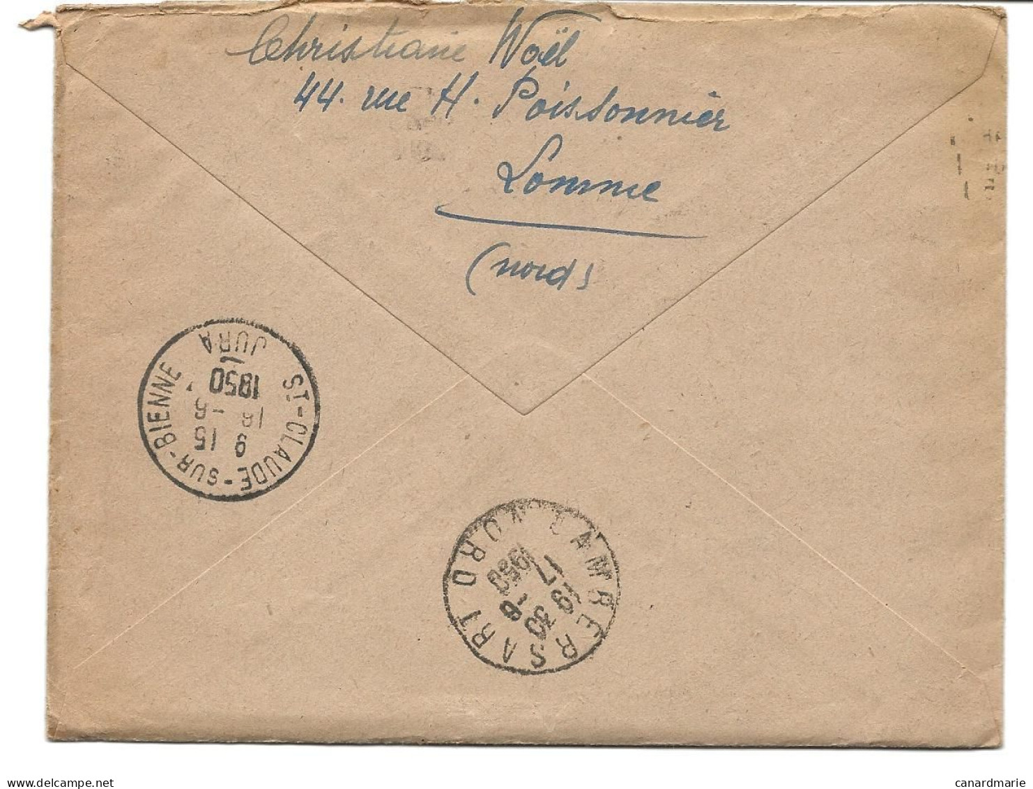 LETTRE 1950 AVEC TIMBRE MARIANNE DE GANDON ET CACHET TAXE DE POSTE RESTANTE - 1859-1959 Briefe & Dokumente