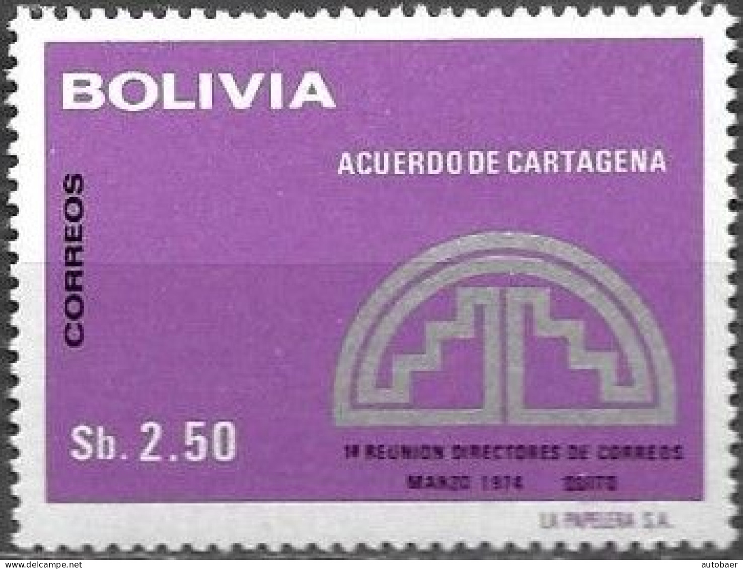 Bolivia Bolivie Bolivien 1975 Acuerdo De Cartagena Reunion Directores Correos Michel No. 874 MNH Mint Postfrisch Neuf ** - Bolivie