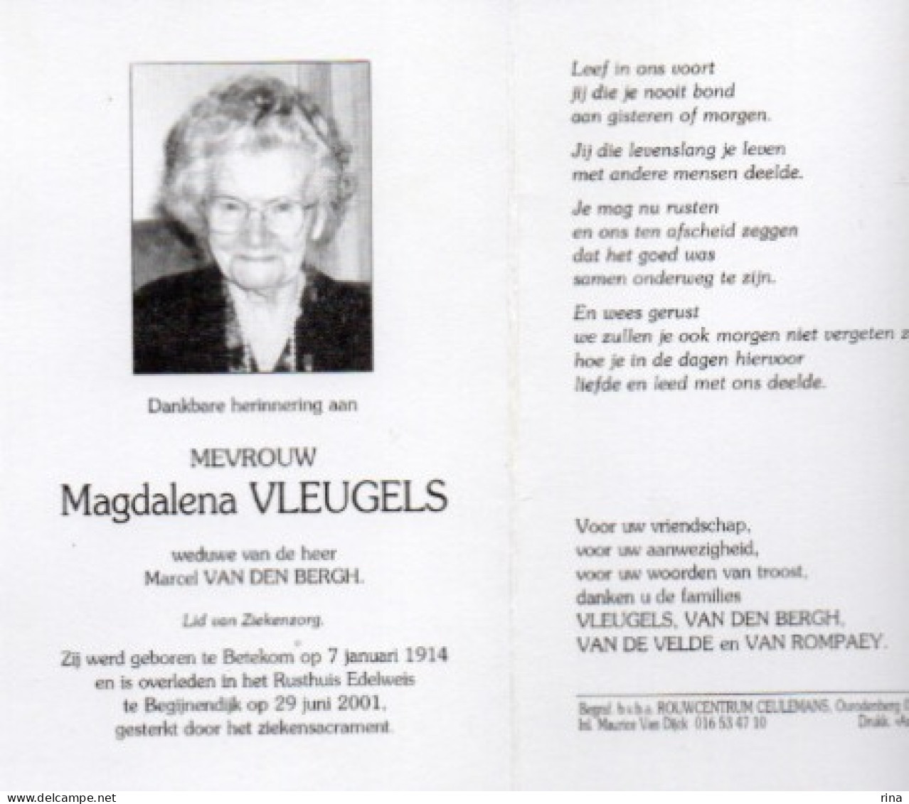 Magdalena Vleugels Geb Te Betekom Op 7 Jan 1914 Overl Te  Begijnendijk Op 29 Juni 2001 - Sonstige & Ohne Zuordnung