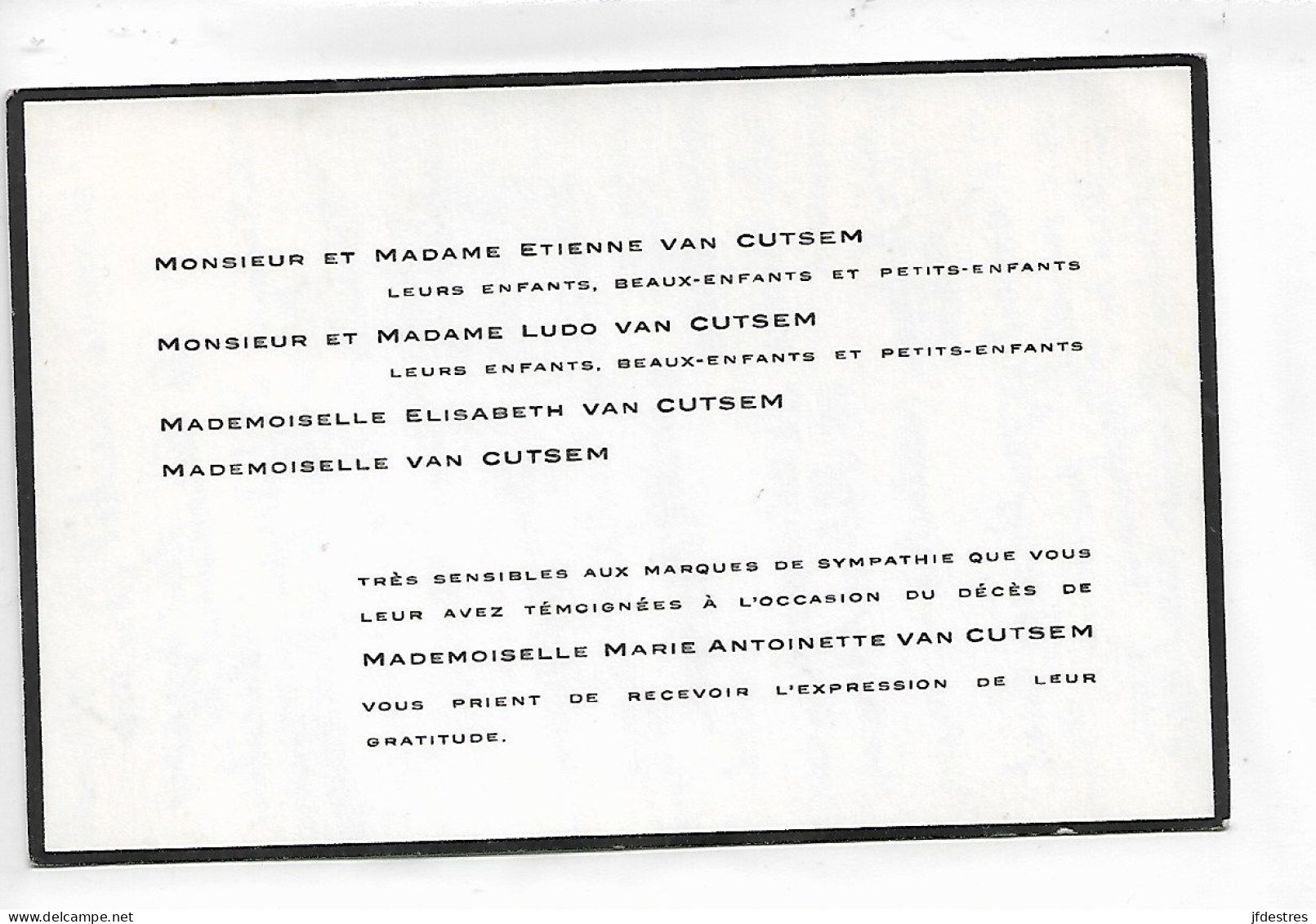 FP Carte Remerciements Décès Marie Antoinette Van Cutsem Vers 1970 - Esquela