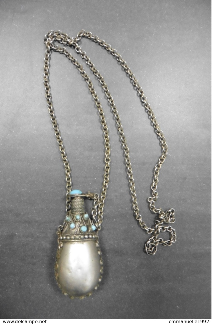 Collier Ancien Tibétain Chaîne Argentée Pendentif Flacon Parfum Perles Turquoise Tibet - Etnica