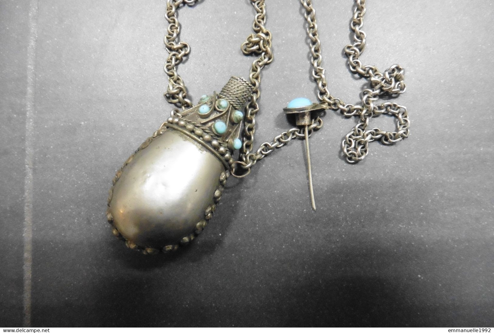 Collier Ancien Tibétain Chaîne Argentée Pendentif Flacon Parfum Perles Turquoise Tibet - Ethniques