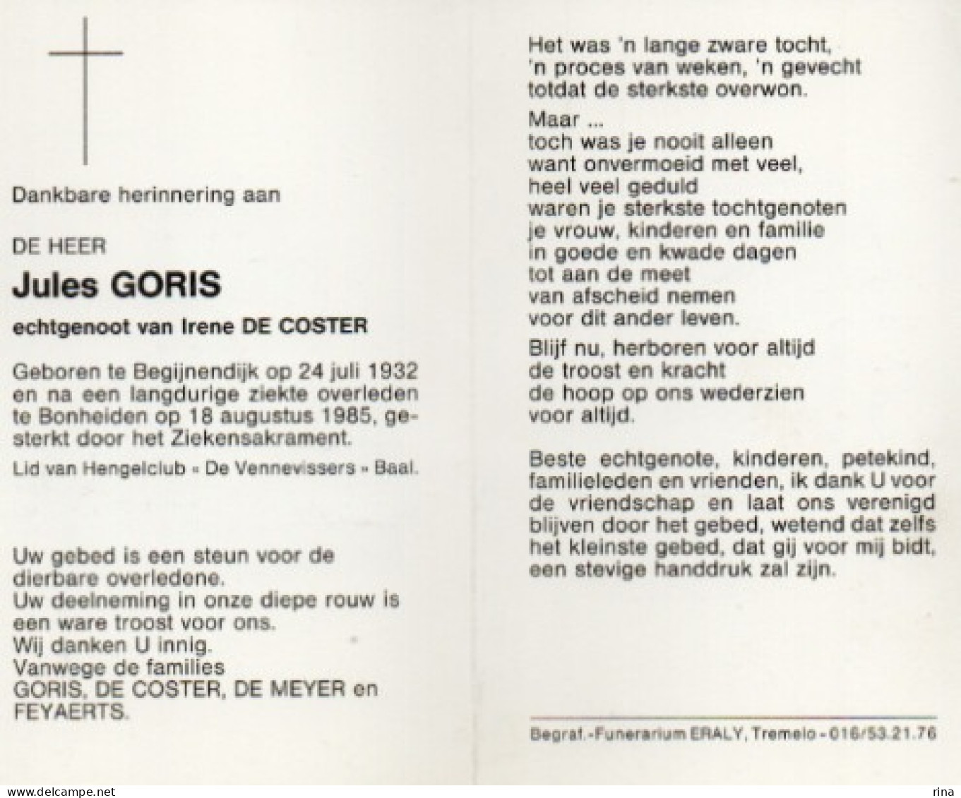 Jules Goris Geb Te   Begijnendijk Op 24 Juli 1932 Overl Te Bonheiden Op 18 Aug 1985 - Other & Unclassified