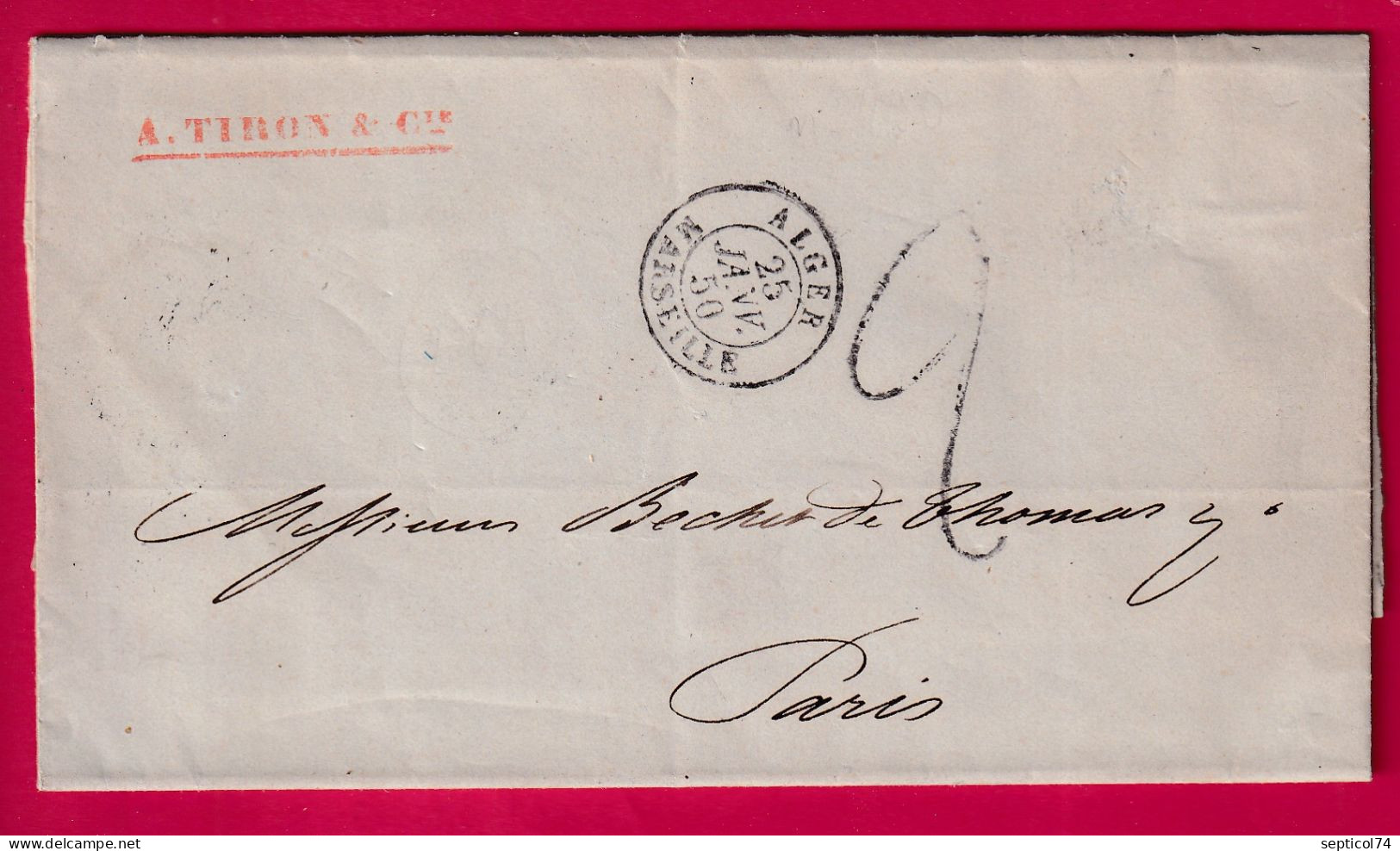 CAD MARITIME ALGER MARSEILLE 1850 TAXE TAMPON 2 ALGERIE POUR PARIS LETTRE - 1849-1876: Klassieke Periode