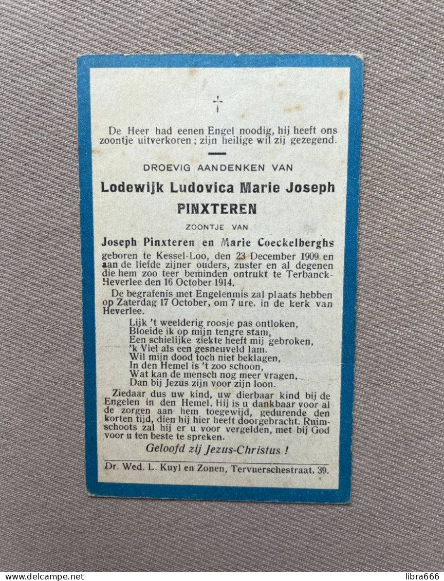 PINXTEREN Lodewijk Ludovica Marie Joseph °KESSEL-LO 1909 +TERBANK-HEVERLEE 1914 - COECKELBERGHS - Décès