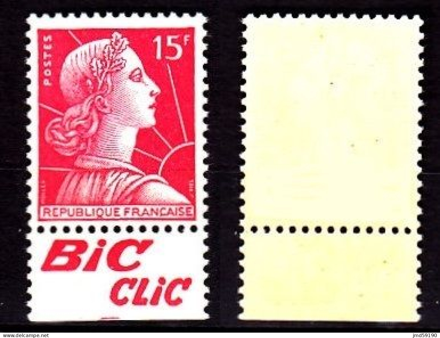 Timbre Neuf ** 1011 Marianne De Muller 15fr Rouge Carminé, Avec Bande Publicitaire BIC CLIC - Unused Stamps