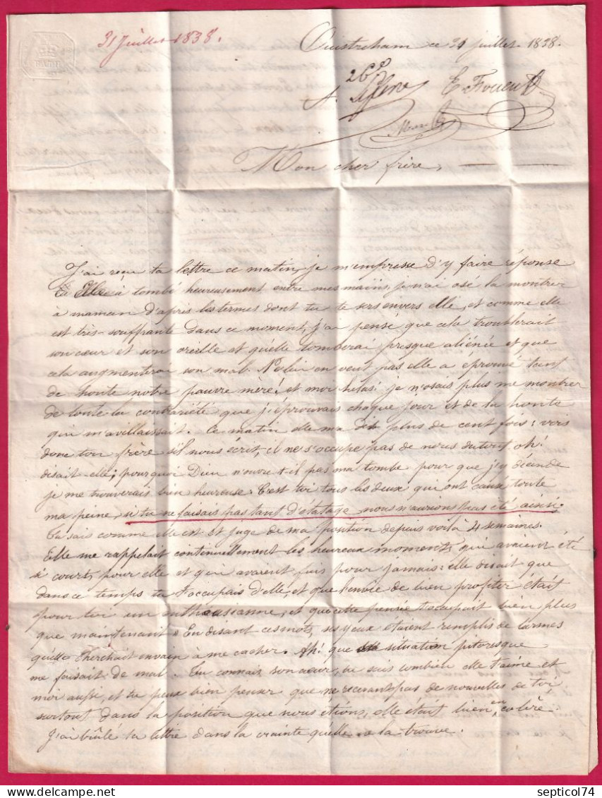 CAD TYPE 13 LE DELIVRADE CALVADOS 1838 BOITE RURALE E OUISTREHAM 1838 POUR LISIEUX LETTRE - 1801-1848: Precursori XIX