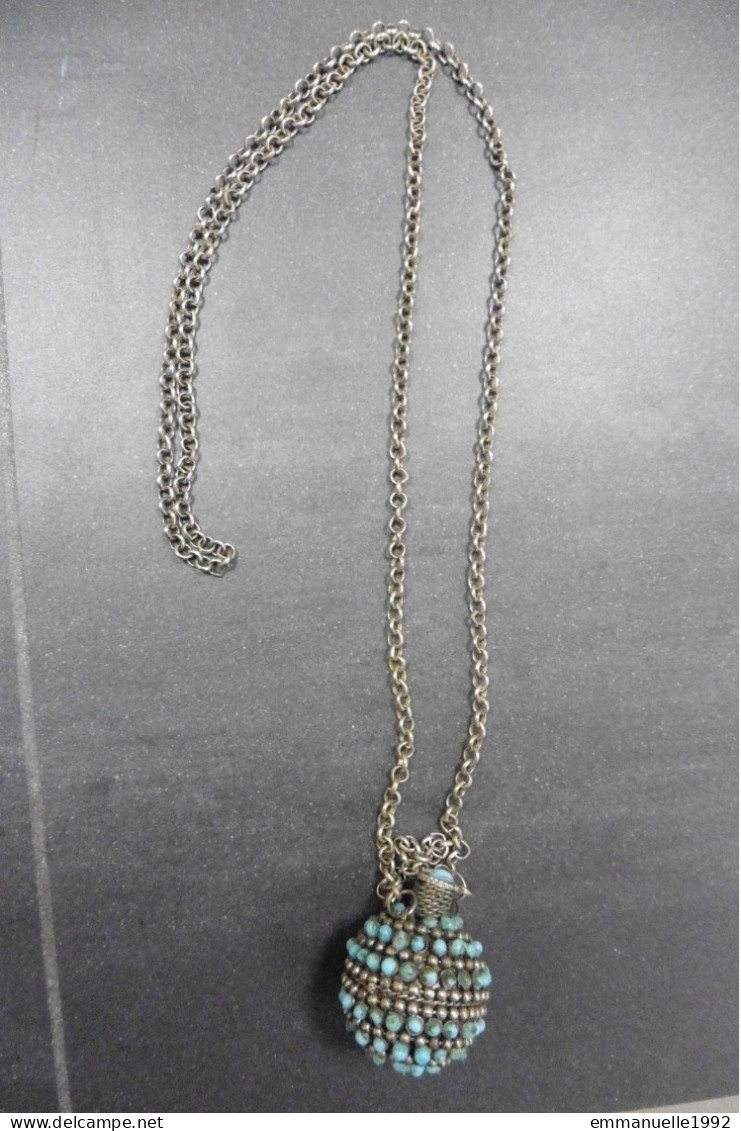 Collier Ancien Tibétain Chaîne Métal Argenté Flacon Parfum Perles Turquoise Tibet - Ethniques