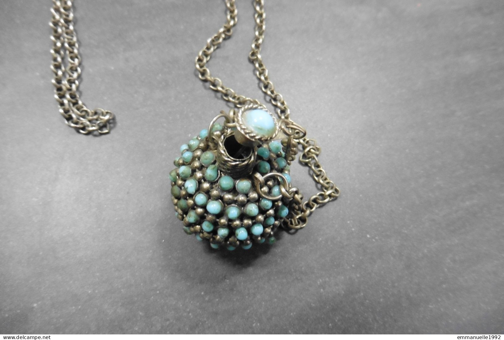 Collier Ancien Tibétain Chaîne Métal Argenté Flacon Parfum Perles Turquoise Tibet - Volksschmuck