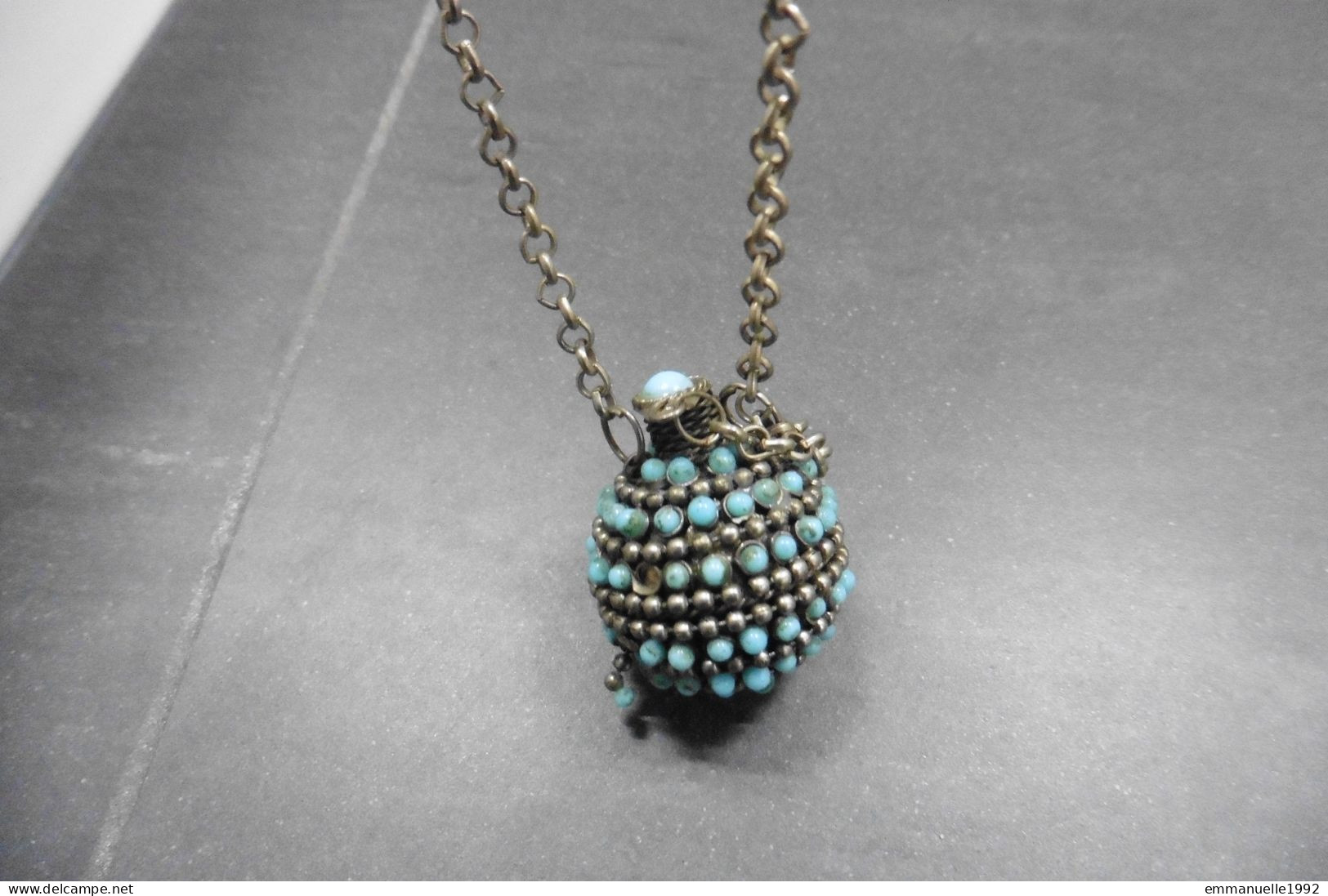 Collier Ancien Tibétain Chaîne Métal Argenté Flacon Parfum Perles Turquoise Tibet - Etnica