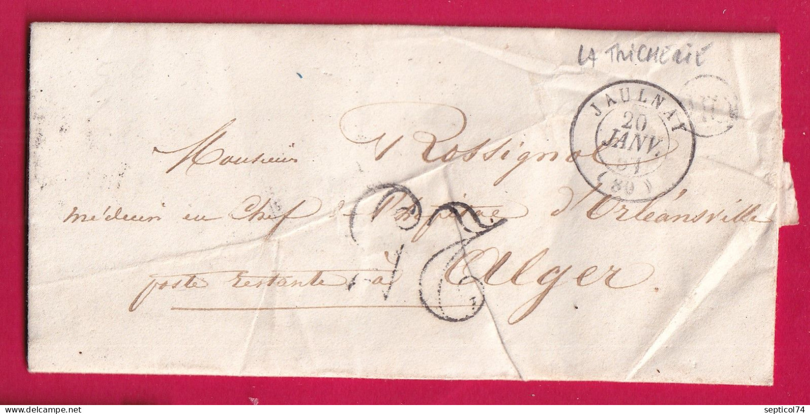 CAD TYPE 15 JAULNAY VIENNE OR LA TRICHERIE 1851 POUR ORLEANSVILLE ALGER ALGERIE LETTRE - 1849-1876: Période Classique