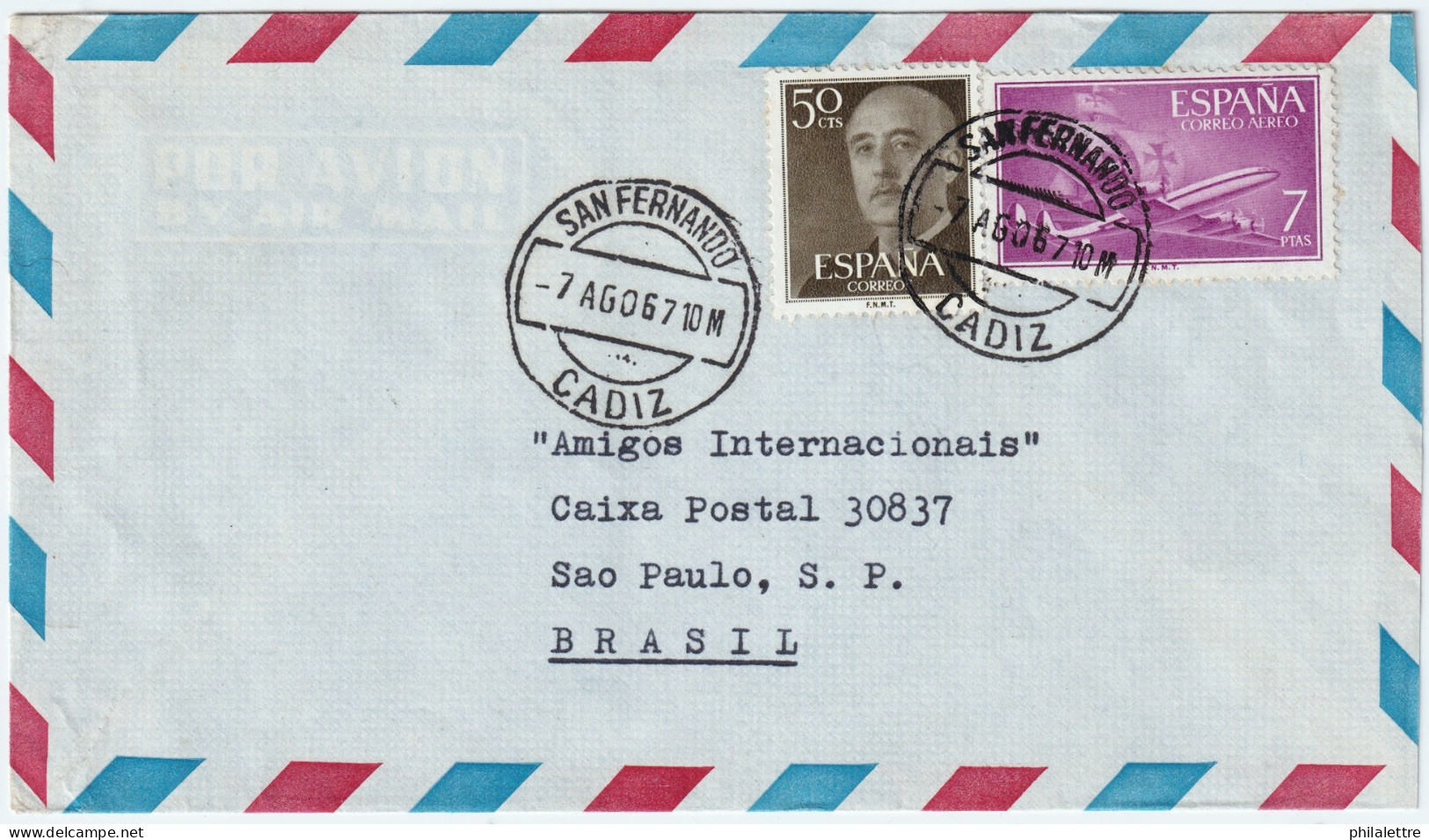 ESPAGNE / ESPAÑA - 1967 Ed.1178 (y Ed.1149) Sobre Carta Por Avion De San Fernando (Cadiz) A Brasil - Brieven En Documenten