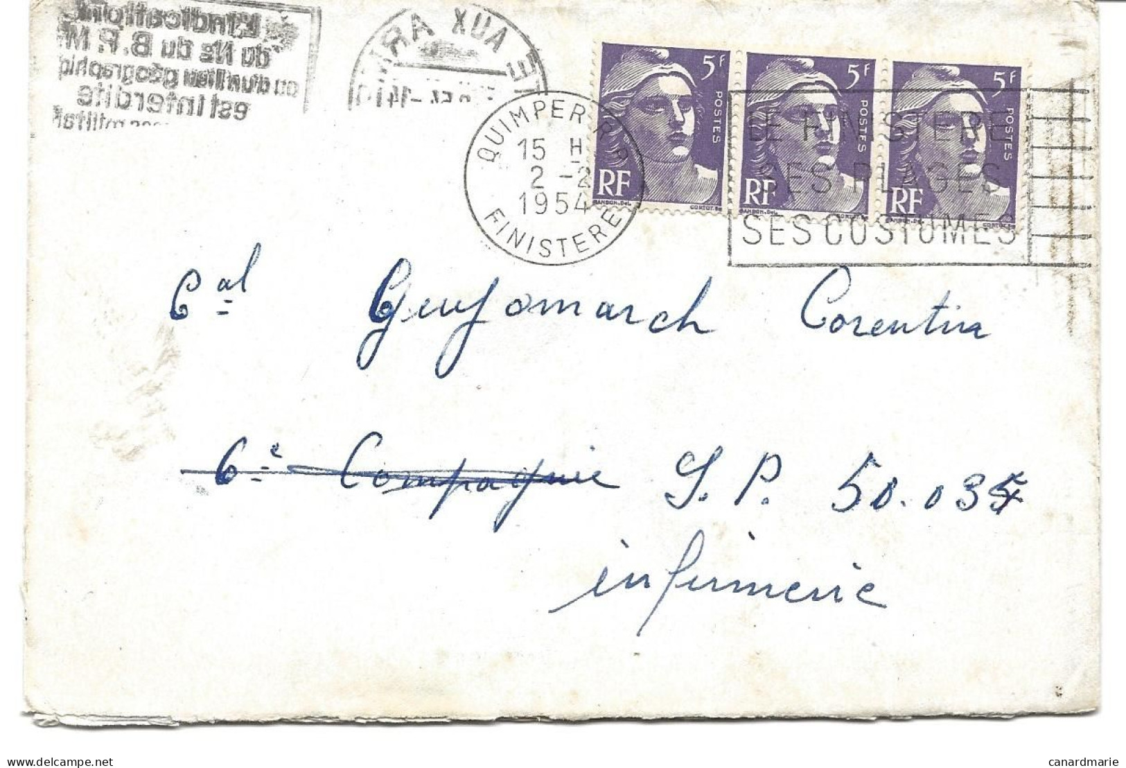 LETTRE 1954 POUR LE SP 50034  AVEC 3 TIMBRES MARIANNE DE GANDON - Lettres & Documents