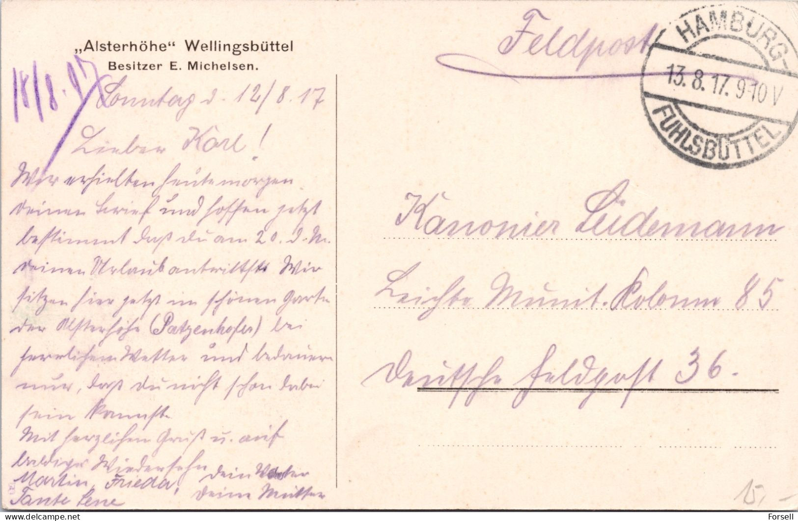 “Alsterhöhe” Wellingsbüttel (Gelaufen Als Feldpost, Hamburg-Fuhlsbüttel, 1917) - Nord