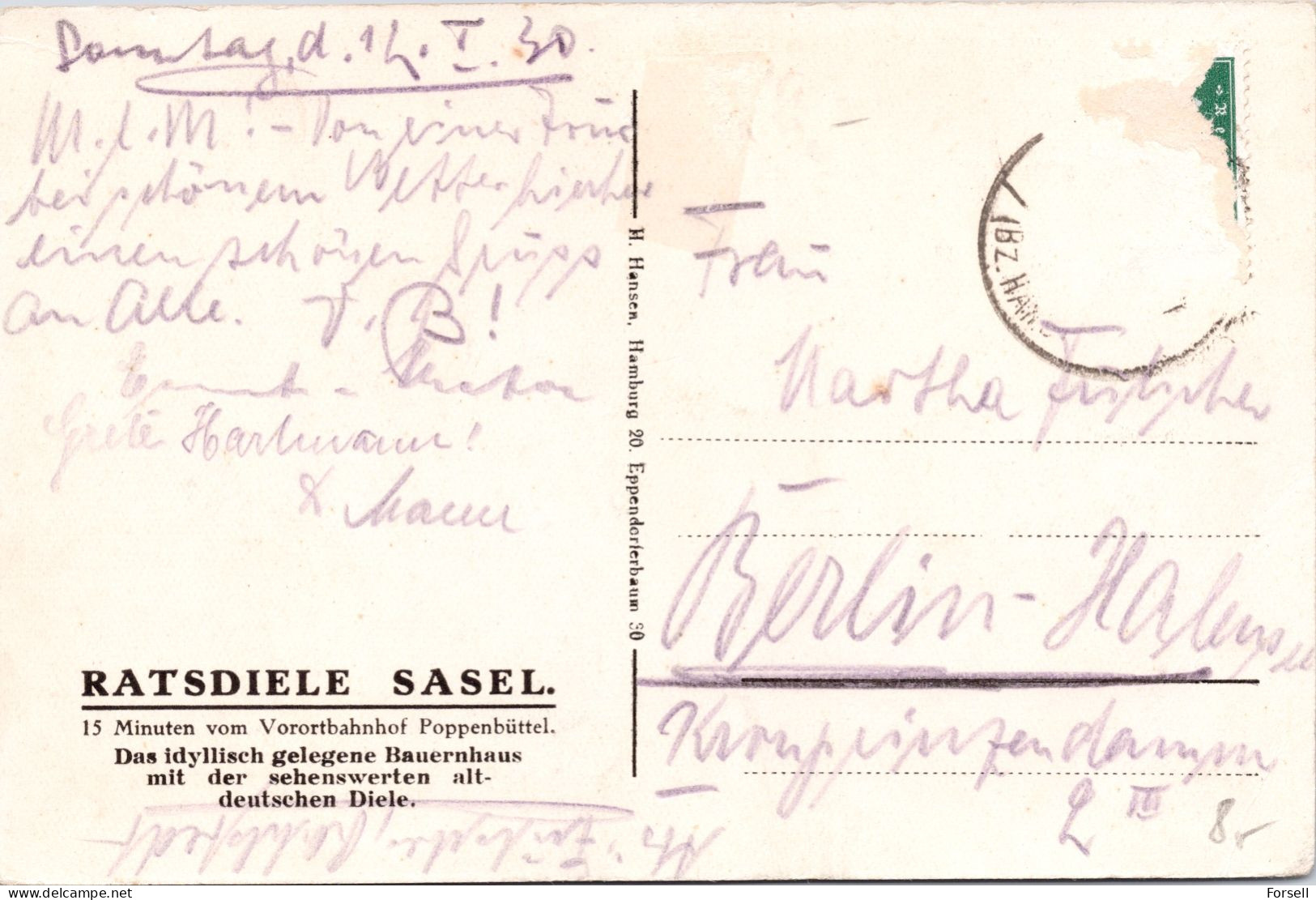 Ratsdiele Sasel, Max Christeinicke (Poppenbüttel) (Gelaufen 1930) - Wandsbek